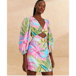 FARM RIO BEACH VIBE CUTOUT LINEN-BLEND MINI VACATION DRESS Small